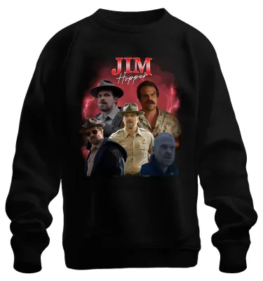 Imagen del producto de Sudadera uni, estilo pullover, color , talla L, con diseño de Jim Hopper, el sheriff de Hawkins, ideal como regalo para fans de la serie, con estética de los años 90 y diseño "bootleg"