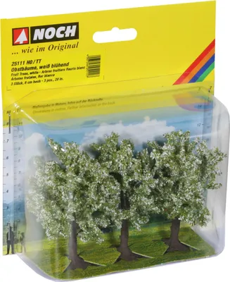 Produktbild von NOCH weiß blühende Obstbäume 3 Stück 8 cm hoch für H0 und TT Modellbau Bäume Miniaturbäume für Modelllandschaft und Diorama.