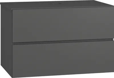 A dark gray bathroom vanity with two drawers.