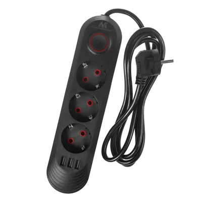 Zdjęcie produktu dla Listwa gniazdowa Maclean 3-gniazdowy przedłużacz + 3xUSB 110-240V AC 50/60Hz 2.1A max 2500W 1.5m czarny MCE394 B