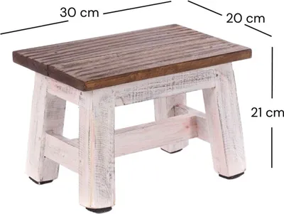 A small wooden stool with dimensions indicated by text overlays.