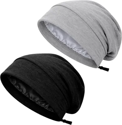 Image de Casquette de nuit en satin unisexe - Lot de 2 - Bonnet de nuit en satin doux - Réglable - Noir