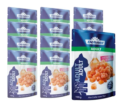 Produktbild von Dehner Premium Katzenfutter, Nassfutter getreidefrei, für ausgewachsene Katzen, Lachs, 12 x 100 g Beutel (1.2 kg)