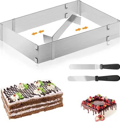 Produktbild von Backrahmen Rechteckig Verstellbar mit Teiler, Tortenring für Backblech, Spatel für Kuchen, Torten, Pizza Backen und Party Dekorieren
