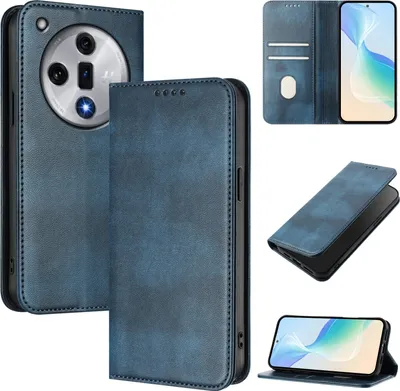 Obrázek produktu pro Pouzdro pro Oppo Find X7, vintage kožené pouzdro s RFID ochranou, přihrádkami na karty, stojánkem Modrý
