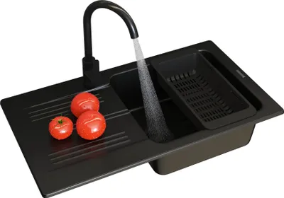 Obrázek produktu pro Granitan | Žulový dřez ADA – černý – 77,5 × 43,5 cm – jednokomorový dřez – včetně baterie a sifonu