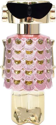 A perfume bottle with a pink, scale-like design and a gold base, topped with black sunglasses.
