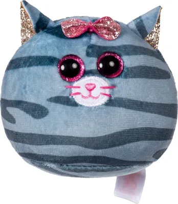 A plush toy cat with large eyes and a pink bow.
