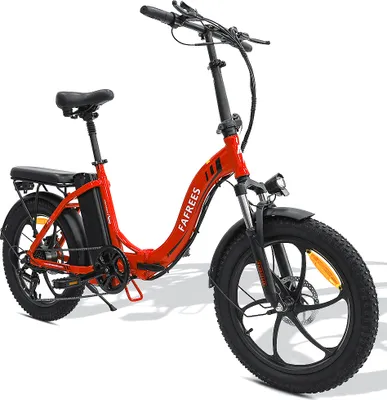 A red foldable electric bicycle with black tires and seat, shown against a white background.