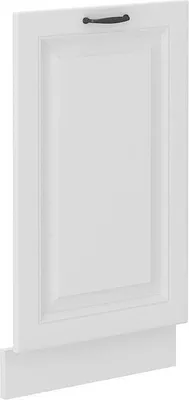 A white cabinet door with a dark handle.