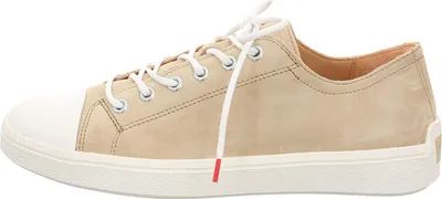 A side view of a tan sneaker with a white toe cap and white laces.