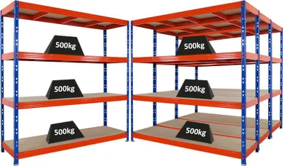 Produktbild von Mega Deal | 4x Profi Schwerlastregal Rhino | HxBxT 200x200x60cm | 4 Spanplatten-Ebenen 8mm | Fachlast 500kg | Blau-Orange