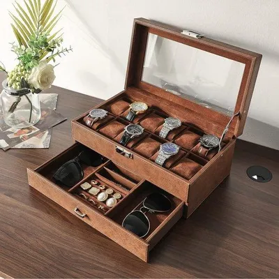 Produktbild von Famanu Uhrenbox mit Uhrenkissen - Hochwertiges Leder, Retro-Design