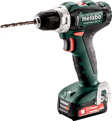 A cordless drill with a drill bit attached, shown against a white background.