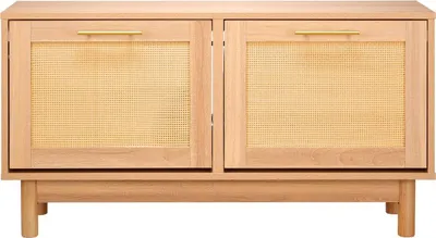 Zdjęcie produktu dla Ławka na buty do przedpokoju, 1000 x 300 x 530 mm Ławka na buty imitująca rattan z 2 wysuwanymi szufladami, regał na buty o nośności 300 funtów z 4 przegrodami i 2 drzwiami z rattanu, do przedpokoju, salonu, sypialni