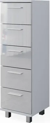 A tall, narrow white cabinet with five drawers and silver handles, standing on four silver legs.