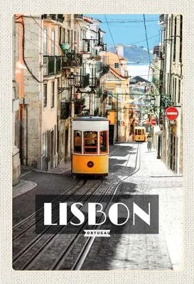 Produktbild von vianmo Holzschild 30x20 cm Lisbon Portugal Straßenbahn Bildmotiv Reisemotiv Abenteuer Reisen