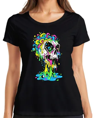 Produktbild von Psychedelischer Totenkopf Bunt Schmelzend Space Galaxie Skull Drip Damen T-Shirt, Schwarz, S