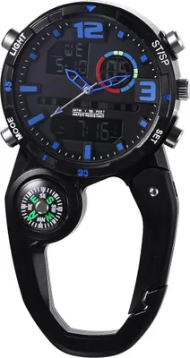 A black carabiner watch with a compass attached.