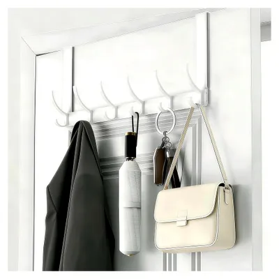 Produktbild von Türgarderobe mit 6 Haken zum Einhängen, Praktischer Türhaken für Kleidung, Handtücher und Hüte - Weiß
