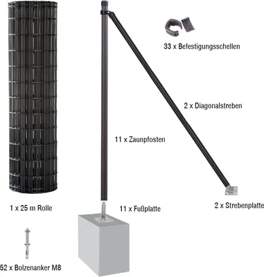 Produktbild von Gartenzaun / Gitterzaun 25 Meter Komplett-Set Foxx - Farbe: anthrazit, Höhe: 81 cm, Ausführung: mit Fußplatten