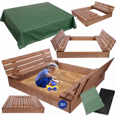 Produktbild von MODO24 Sandkasten Holz, Deckel, Sitzbänke, Schutzplane, Holzsandkasten, Kinder, Garten, 140x137 cm, Braun Imprägniert, PIA