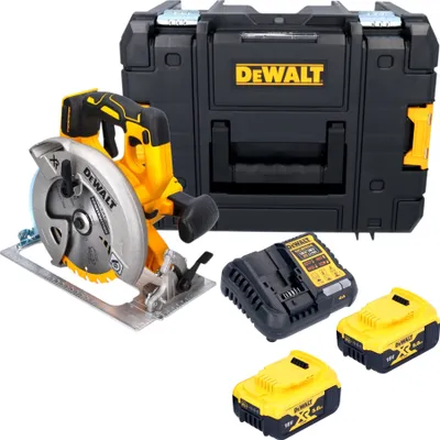 A DeWALT circular saw kit including the saw, two batteries, a charger, and a storage case, laid out on a white background.