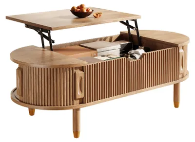 Productafbeelding van Salontafel, blad, opbergruimte, MDF, rubberhouten poten, ribbelstructuur, schuifdeur