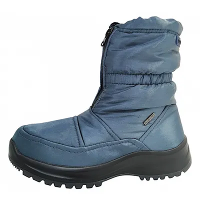 A single blue winter boot with a black sole is shown against a white background.