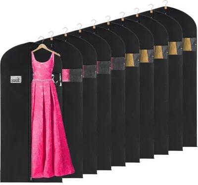 Produktbild von Ibenzoa® Kleiderhüllen 60 x 152 cm, 10er-Set – Vliesstoff mit transparentem Sichtfenster & Reißverschluss, schwarz, Schutz für Anzüge und Kleider
