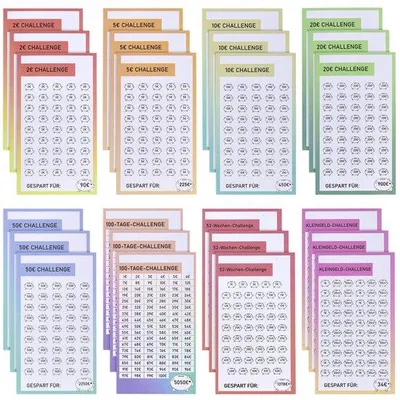 Produktbild von A6-Format, 24-teiliges Set, Budgetplaner, 8 Einsparungen, Budgetplaner, deutsches Zubehör, Sparherausforderungsset von € 2, € 5, € 10, € 20, € 50, Wechsel, 52 Tage, 100 Tage