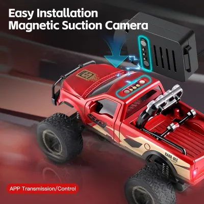 Zdjęcie produktu dla Mini samochód RC w skali 1:64, terenowy pojazd z napędem na cztery koła, sterowany pilotem FPV 2,4 GHz, wyposażony w kamerę HD, żyroskop, światła LED, sterowany przez aplikację – model w kolorze czerwonym