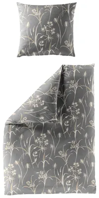 Produktbild von Bettwäsche Bierbaum Mako Satin 3987-80 Blumen Grau Natur Gold 135x200