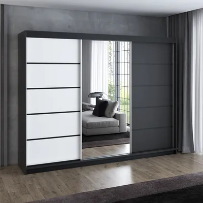Produktbild von Schwebetürenschrank 200 cm, 3-türig, mit Spiegel & 4 Schubladen, Retro-Stil, modern, in Weiß/Schwarz/Sonoma – Kleiderschrank VILUNO 2