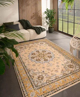 Zdjęcie produktu dla Unyqoos® Dywan zewnętrzny Valenca Nova – kolor vintage, żółty, 160 x 230 cm, tkanina 3D z właściwościami amortyzującymi, do użytku wewnątrz i na zewnątrz, można prać