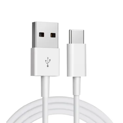 A white USB-A to USB-C charging and data cable is shown against a white background.