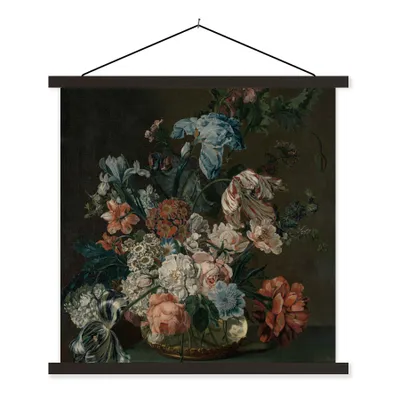 Produktbild von MuchoWow® Textilposter Stilleben mit Blumen - Gemälde von Cornelia van der Mijn 60x60 cm mit schwarzem Rahmen - Posteraufhänger