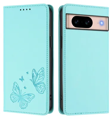 Produktbild von Lederhülle für Google Pixel 8A, Schmetterling Prägung Leder Brieftasche Schutzhülle mit Ständer Türkis