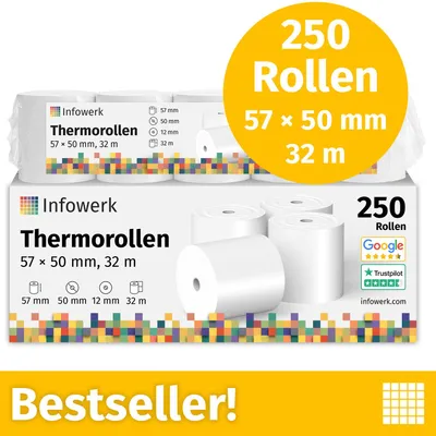 Produktbild von NEU: Infowerk Thermorollen / Kassenrollen, 250 Rollen, 57mm x 50mm x 12mm, 32m, , PEFC , für EPSON, IBM u.v.m