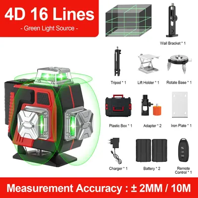 Obrázok produktu pre 4D laser s priečnou projekciou – 16 lúč – Automatická nivelácia 3,5° – 360° horizontálne a vertikálne – Zelené laserové svetlo – Statív a plastový kufrík