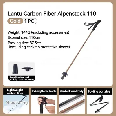 Produktbild von Lantu Trekkingstock - teleskopischer Wanderstock 110 cm - Carbonfaser - ultraleicht 144 g - faltbar 4-teilig - Wolframstahlspitze - Gold