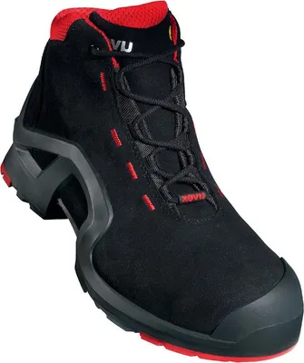 A black and red safety boot is shown against a white background.