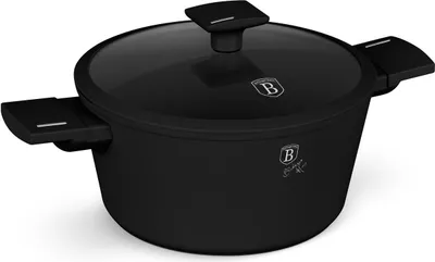 A black pot with a glass lid and handles, shown from a slightly elevated side angle on a white background.