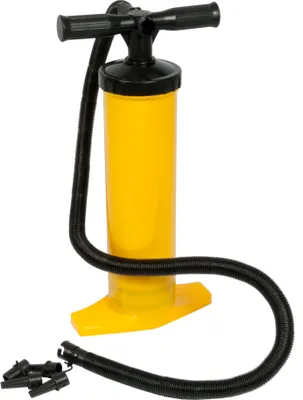 Produktbild von Hand-Luftpumpe 58 cm, 2x2 Liter Doppelhub, Kompakt, Kunststoff Gelb / Schwarz, 3 Adapter für Matratzen, Boote, Pools & Kajaks