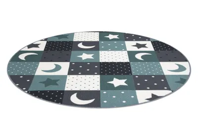 Produktbild von Teppich für Kinder STARS Kreis Sterne türkis / grau Blau rund 100 cm