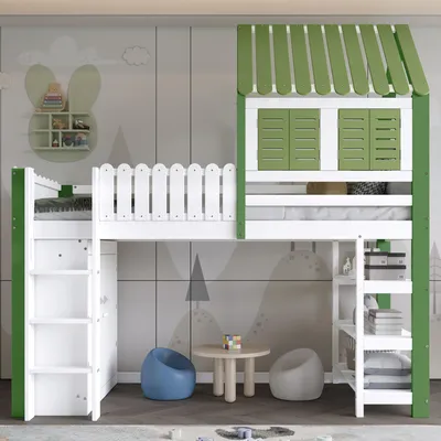 Produktbild von Hochbett, Kinderbett mit Fallschutzgitter, Mit Dach und Fenster , Reichlich Stauraum mit Kleiderschrank, Dreischichtiges offenes Lagerregal, Dreistufige Leiter, Kiefer+MDF+Sperrholz, Weiß+Grün, 90x200