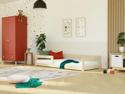 Produktbild von Niedriges Holzeinzelbett SAFE 5-in-1 mit Barriere 120x200 cm Weiß, Mit zwei Barrieren