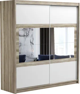 Produktbild von Furniture24 Kleiderschrank SALWADOR 203 Schlafzimmer 2 Türiger Schwebetürenschrank Schrank mit Schiebetür Kleiderstange 8 Einlegeboden und Spiegel Canyon Eiche/Weiß