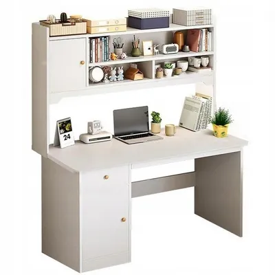 A white modern loft computer desk with shelves is shown against a white background.