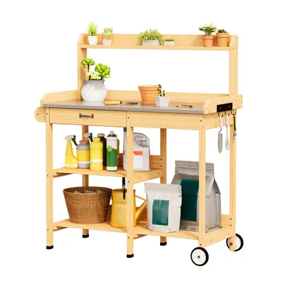 Zdjęcie produktu dla Stół do roślin BEALIFE, 112x43x120 cm, z szufladą i kółkami | Blat ze stali nierdzewnej, otwarte półki | Do ogrodu, balkonu i tarasu | Kolor: naturalny | CC53